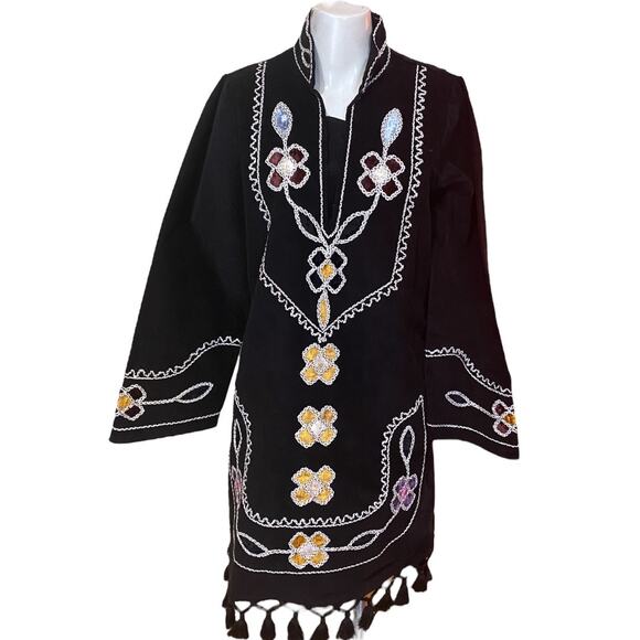 Figue Catalina Dress Black Extensive Embroidered Corduroy Dress Size L - Picture 7 of 12